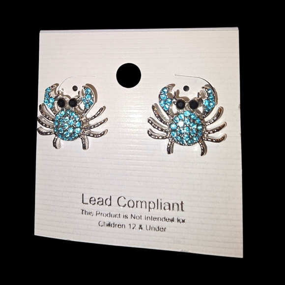 Blue Crystal Crab Earrings NWT ~0.75" x ~0.5" Lead Compliant Free Gift Wrapping - Picture 2 of 4